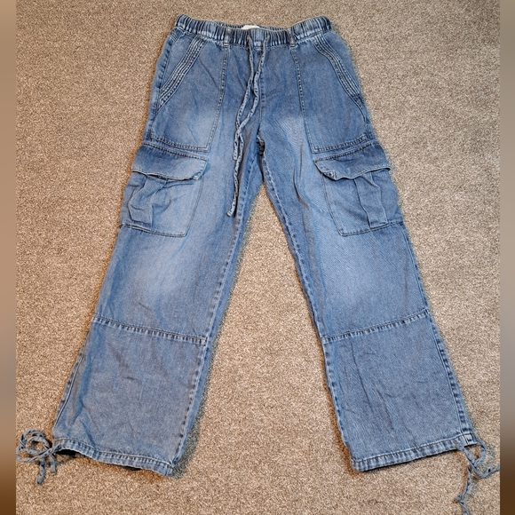 Habitual Denim - Habitual Pull On Denim Wide Leg Cargo Jeans Drawstring Waist & Pants Hem